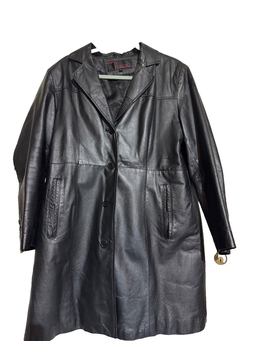 Vintage Phase Two woman long coat Leather jacket size XL black 80s/90s